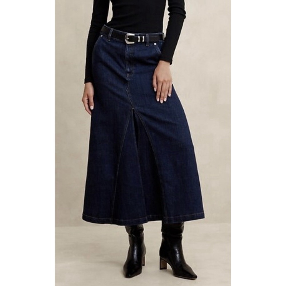 NWT Banana Republic Denim Maxi Skirt 12 Dark Wash Split Front Slit Western Boho